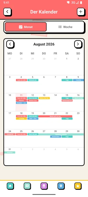 Zoku-Screenshot: Der Kalender des Clans in der Monatsansicht, mit den Terminen aller