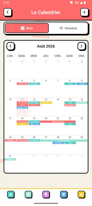 Capture de Zoku : Le Calendrier de la tribu en vue mois, avec les événements de chacun