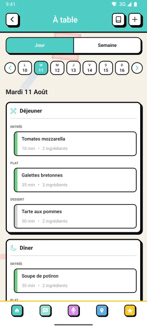 Capture de Zoku : À table, le déjeuner et le dîner du jour avec entrée, plat et dessert