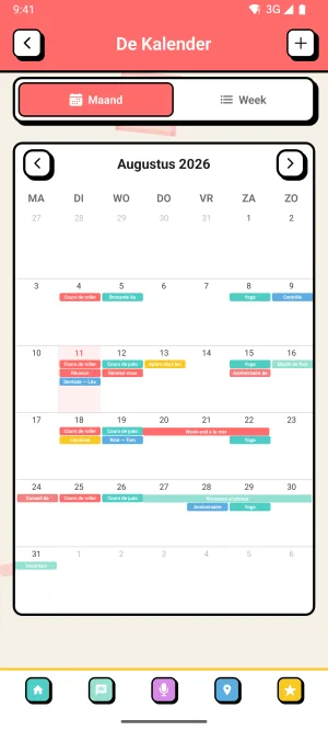 Screenshot van Zoku: De Kalender van de tribe in maandweergave, met ieders afspraken