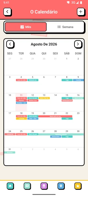 Captura do Zoku: O Calendário da tribo na vista mensal, com os eventos de todos