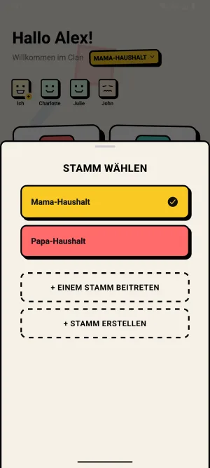 Zoku-Screenshot: die Stammauswahl mit Mama-Haushalt und Papa-Haushalt