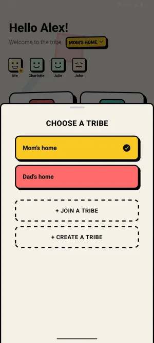 Zoku screenshot: the tribe picker with Mom's home and Dad's home