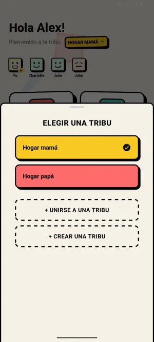Captura de Zoku: el selector de tribu con Hogar mamá y Hogar papá