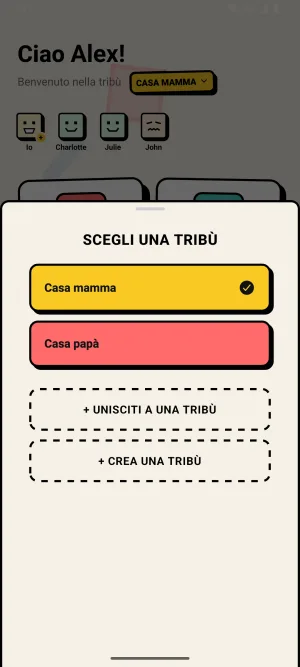 Schermata di Zoku: la scelta della tribù, con Casa mamma e Casa papà