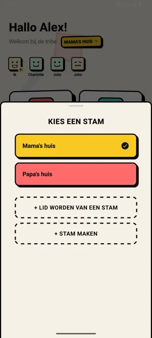 Screenshot van Zoku: de tribekeuze met Mama's huis en Papa's huis