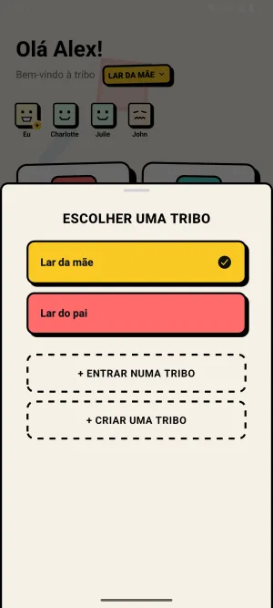 Captura do Zoku: a escolha de tribo, com Lar da mãe e Lar do pai